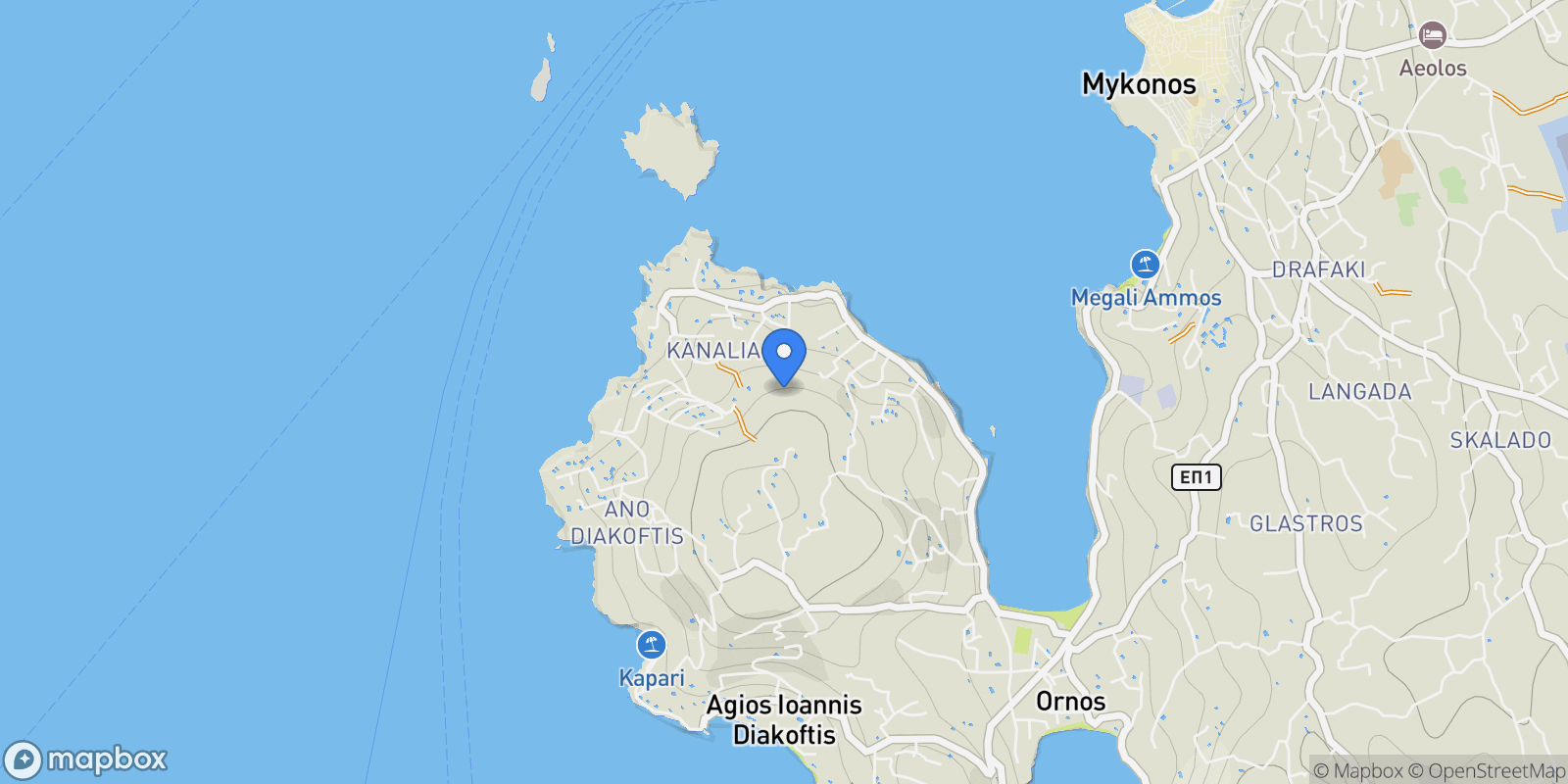 Map showing Mykonos, Aegean, Greece.