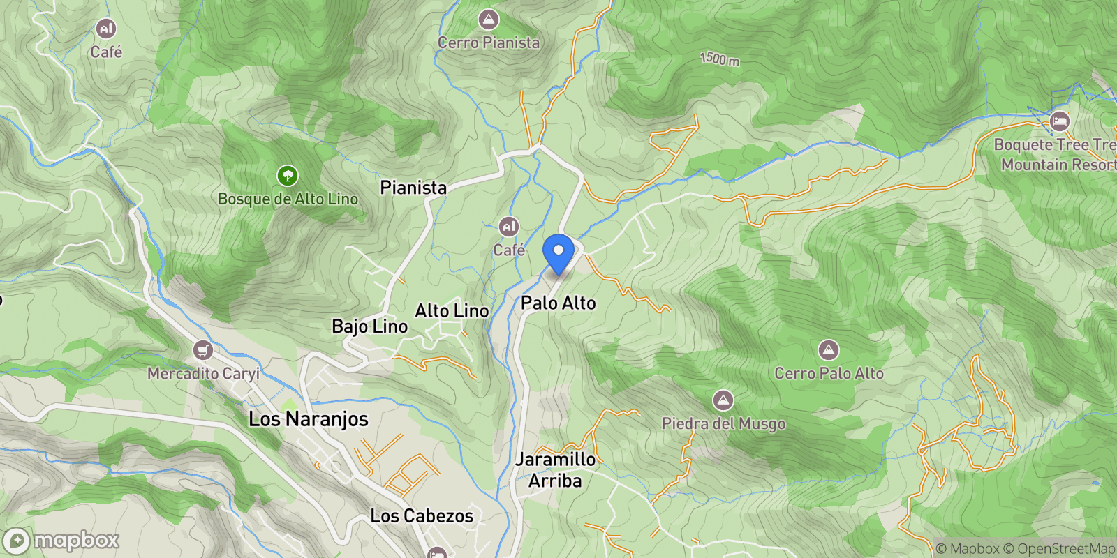 Map showing Boquete AVENIDA BUENOS AIRES, SECTOR DE PALO ALTO, BOQUETE, Los Naranjos, Chiriquí Province, Panama.