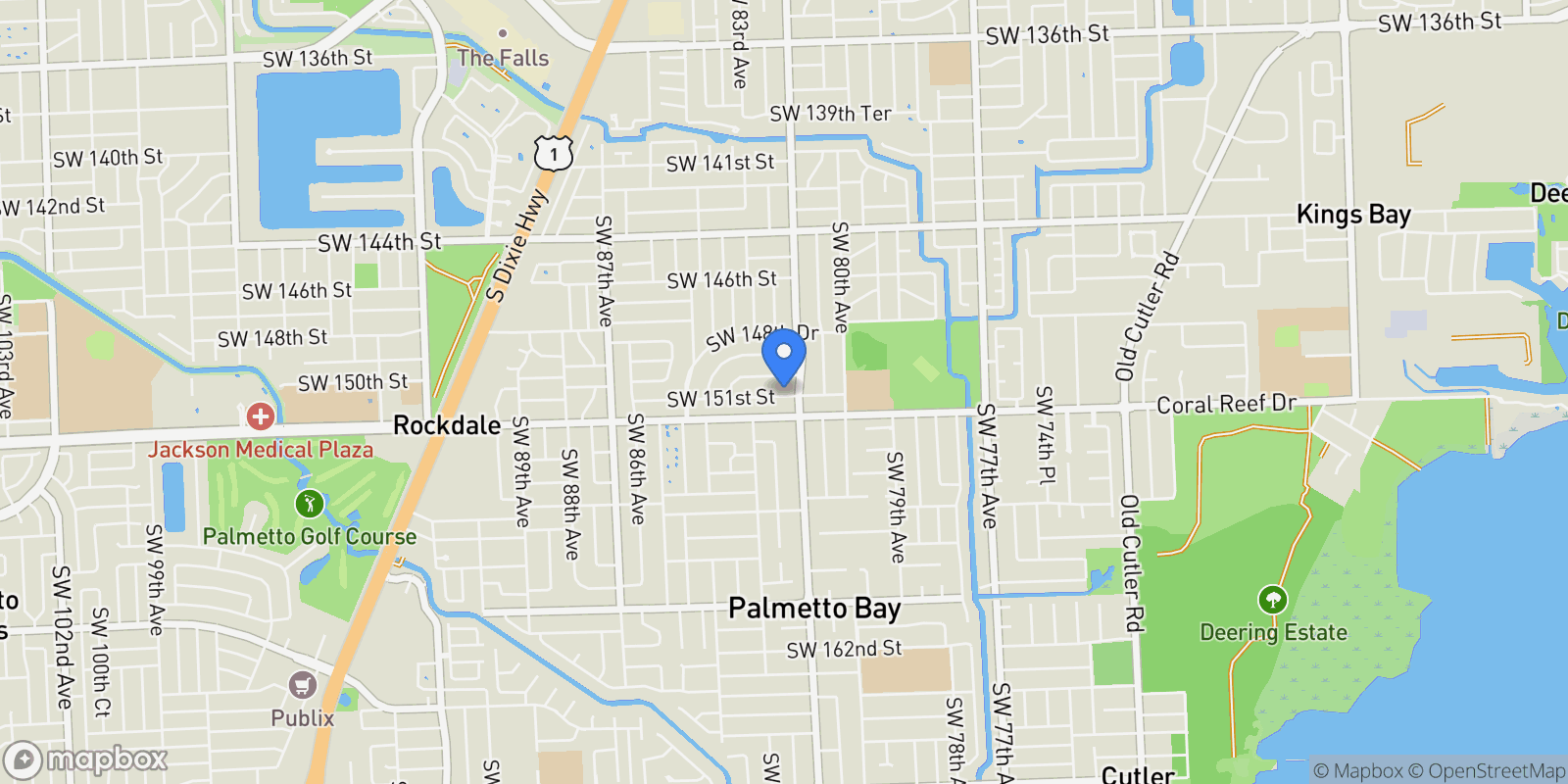 Map showing 8225 SW 151st St, Palmetto Bay, FL 33158, Coral Gables, Florida, United States.