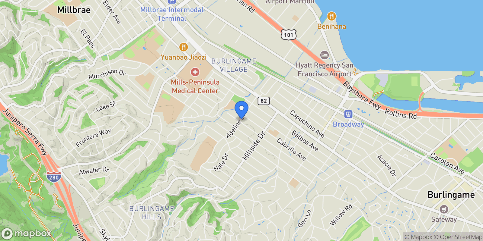 Map showing 1476 Drake Avenue, Burlingame, CA 94010, Burlingame, California, United States.
