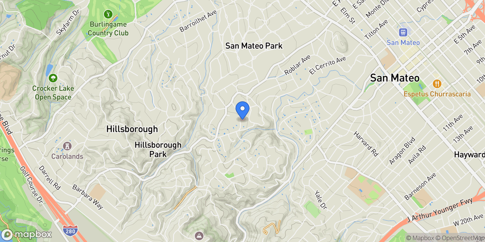 Map showing 729 Chiltern Road, Hillsborough, CA 94010, Burlingame, California, United States.