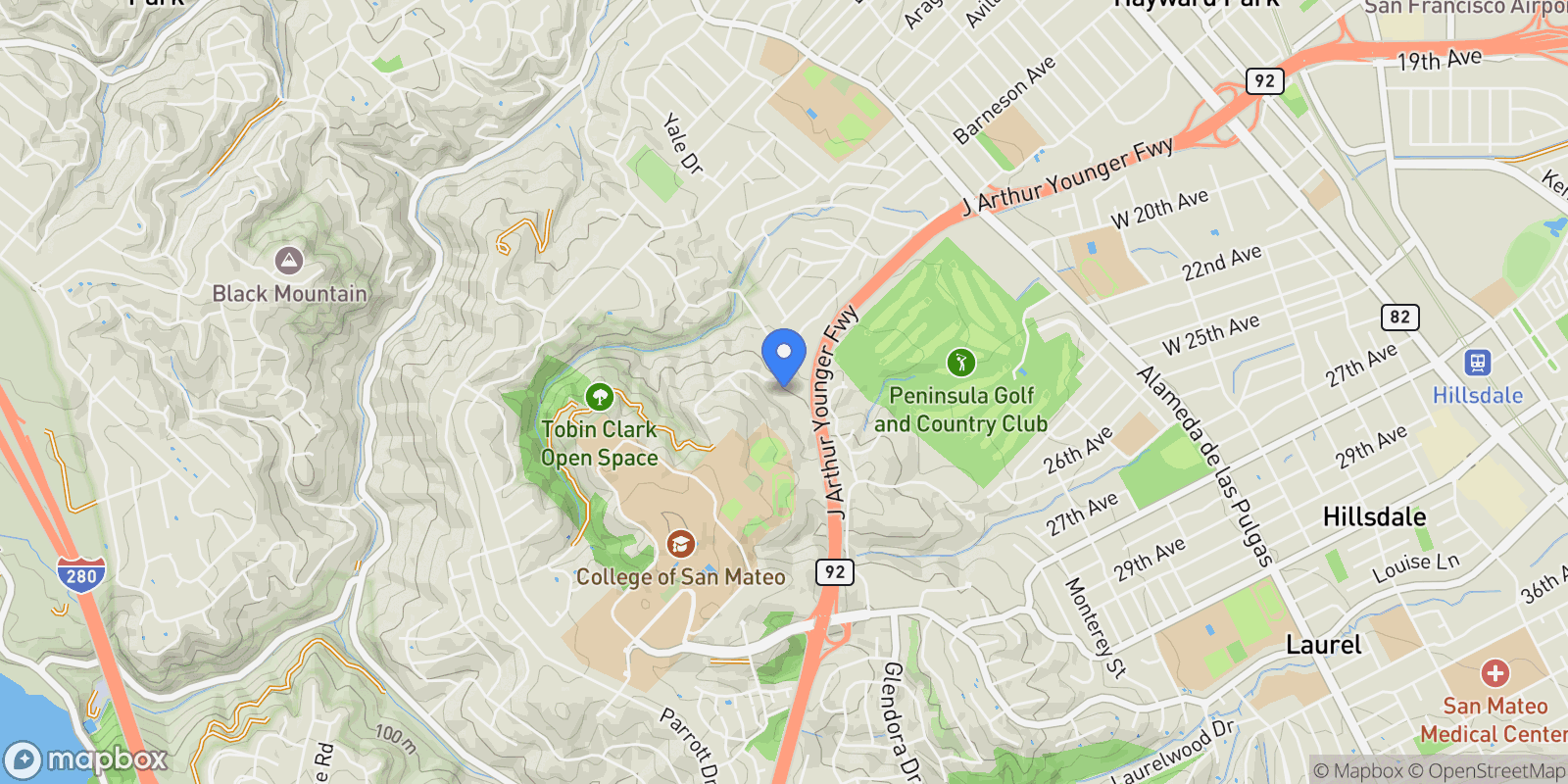 Map showing 171 Tobin Clark Drive, Hillsborough, CA 94010, Burlingame, California, United States.