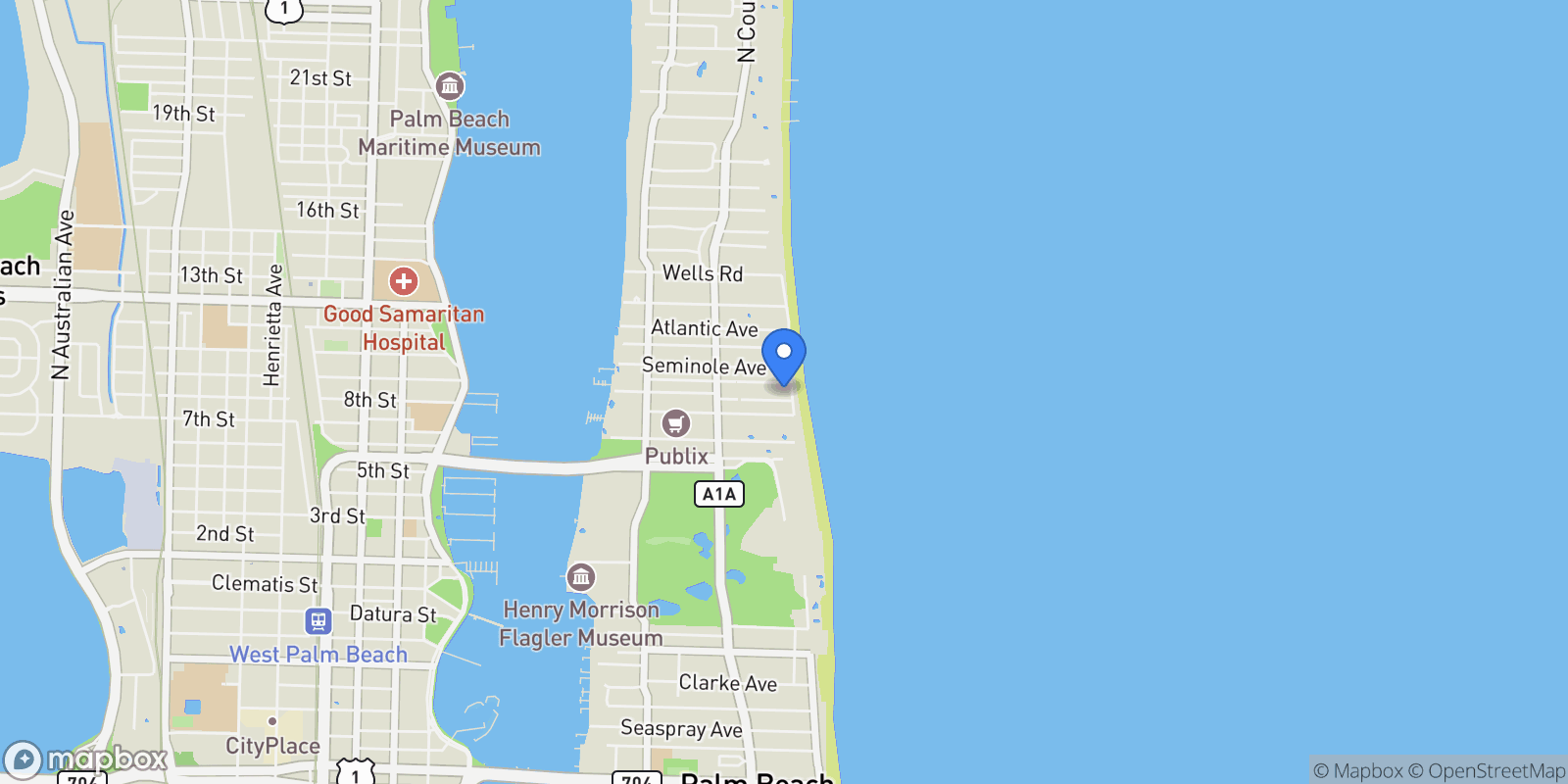 Map showing 170 N Ocean Boulevard, Palm Beach, Florida, United States.