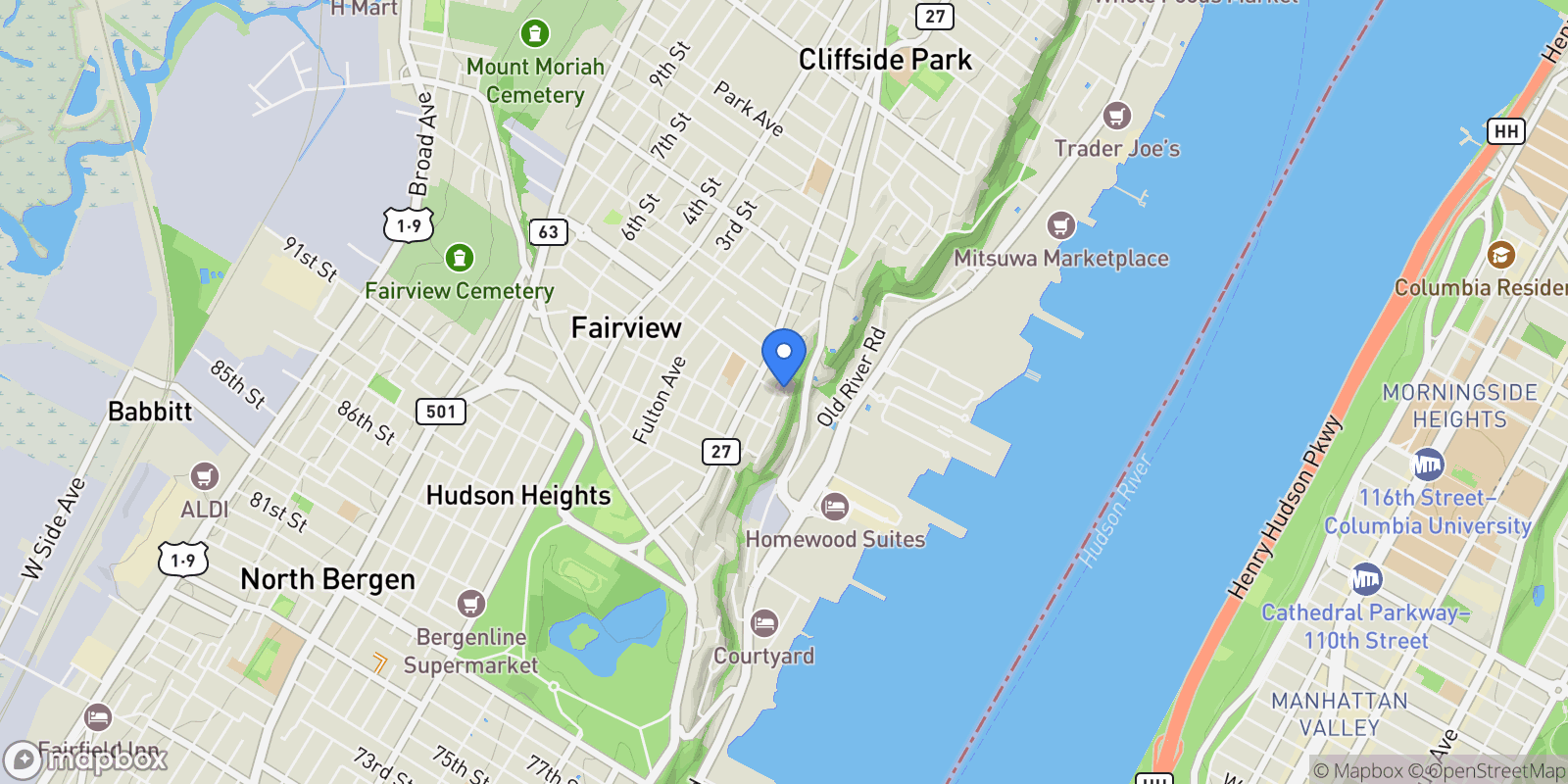 Map showing 7 Laird Place, Cliffside Park, New Jersey, United States.