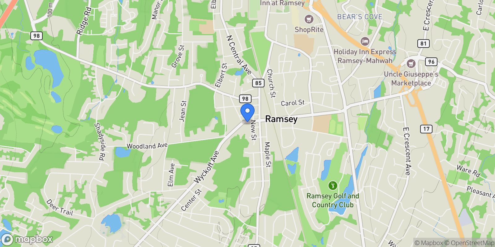Map showing 92 W Main Street, Ramsey, New Jersey, United States.