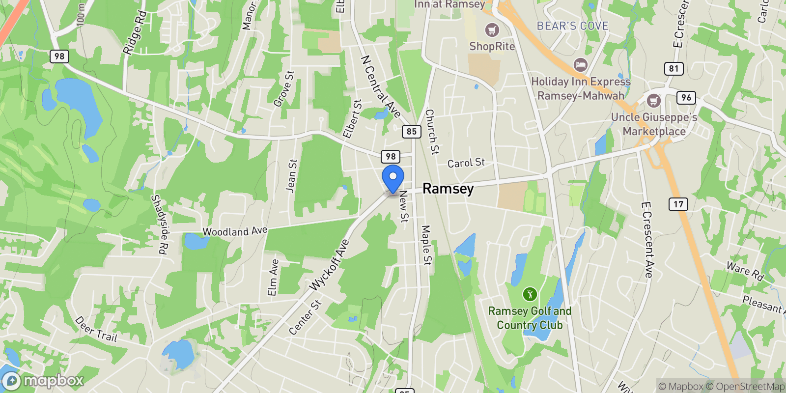 Map showing 94 W Main Street, Ramsey, New Jersey, United States.