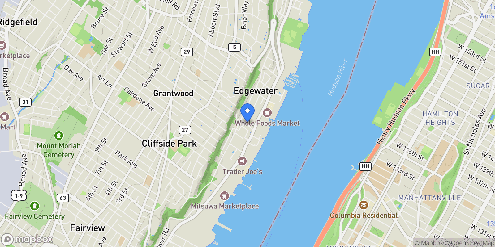 Map showing 25 Garden Place #A, Edgewater, New Jersey, United States.