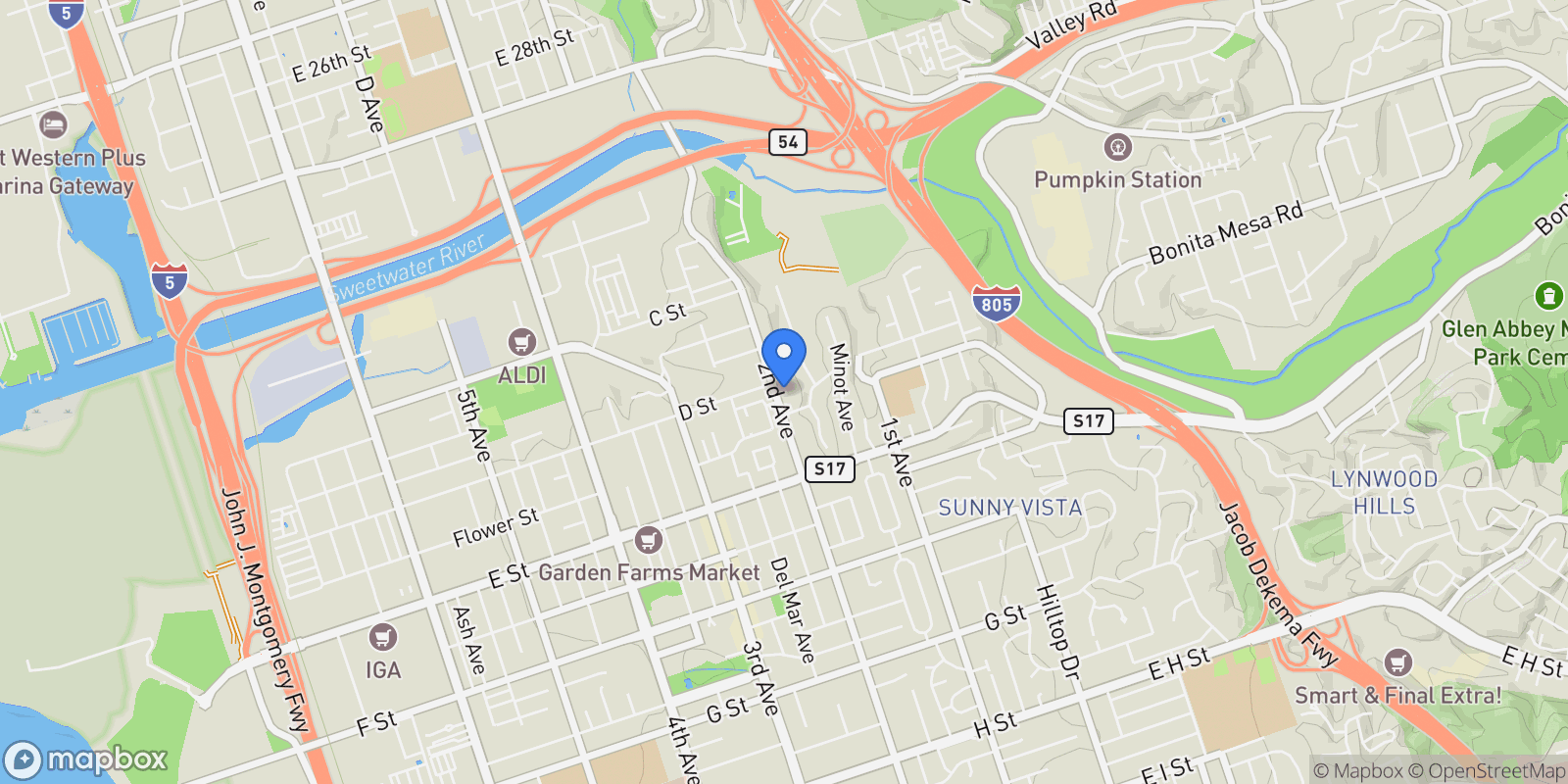 Map showing 113 2nd Ave, Chula Vista, California, United States.