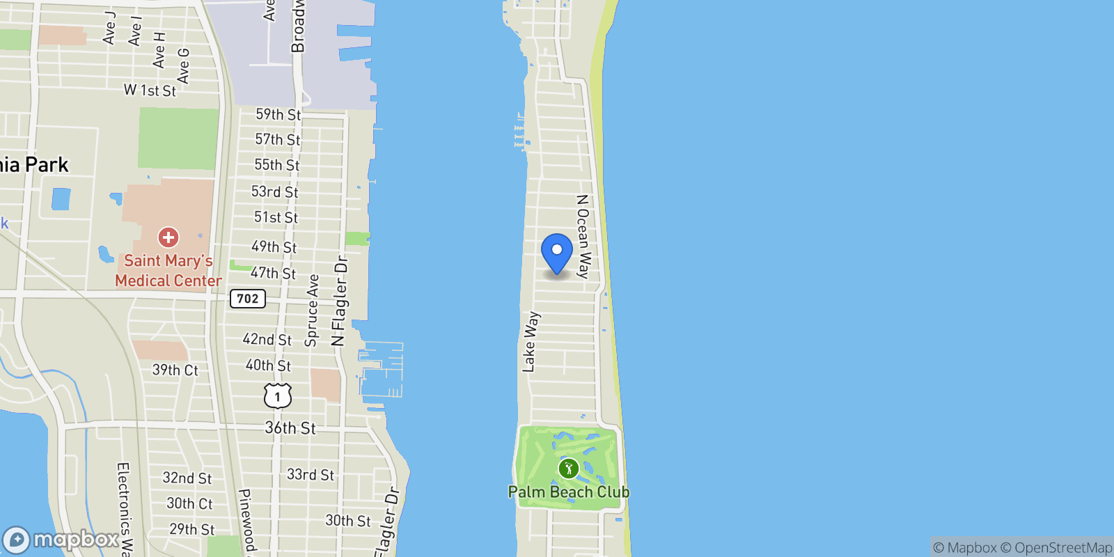 Map showing 259 Queens Lane, Palm Beach, Florida, United States.