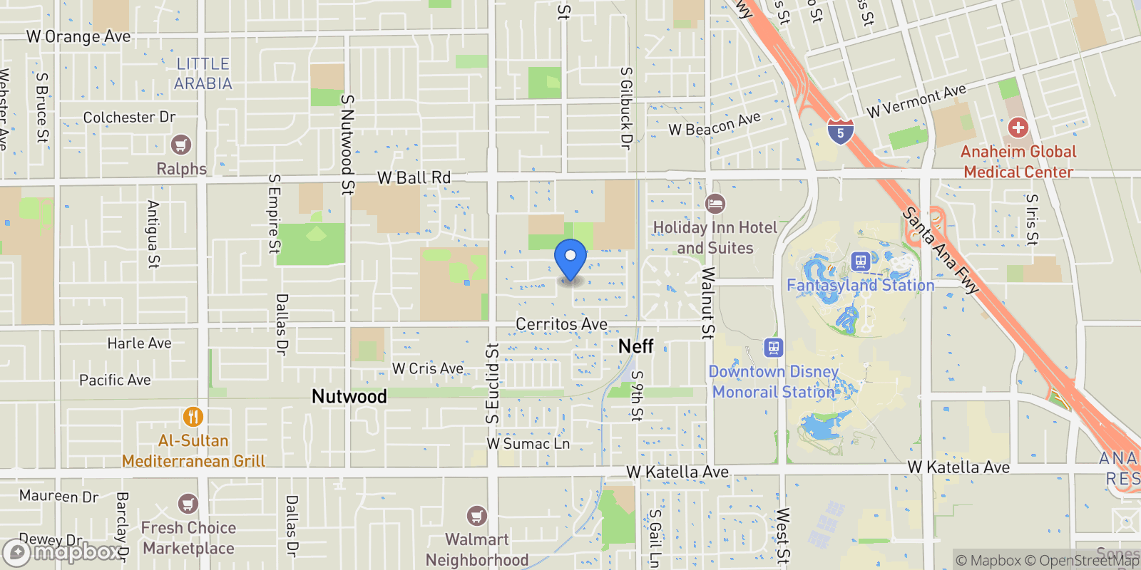 Map showing 1413 S LOARA, Orange, California, United States.