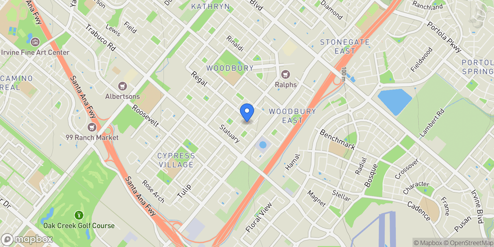 Map showing 65 Rolling Green, Irvine, California, United States.