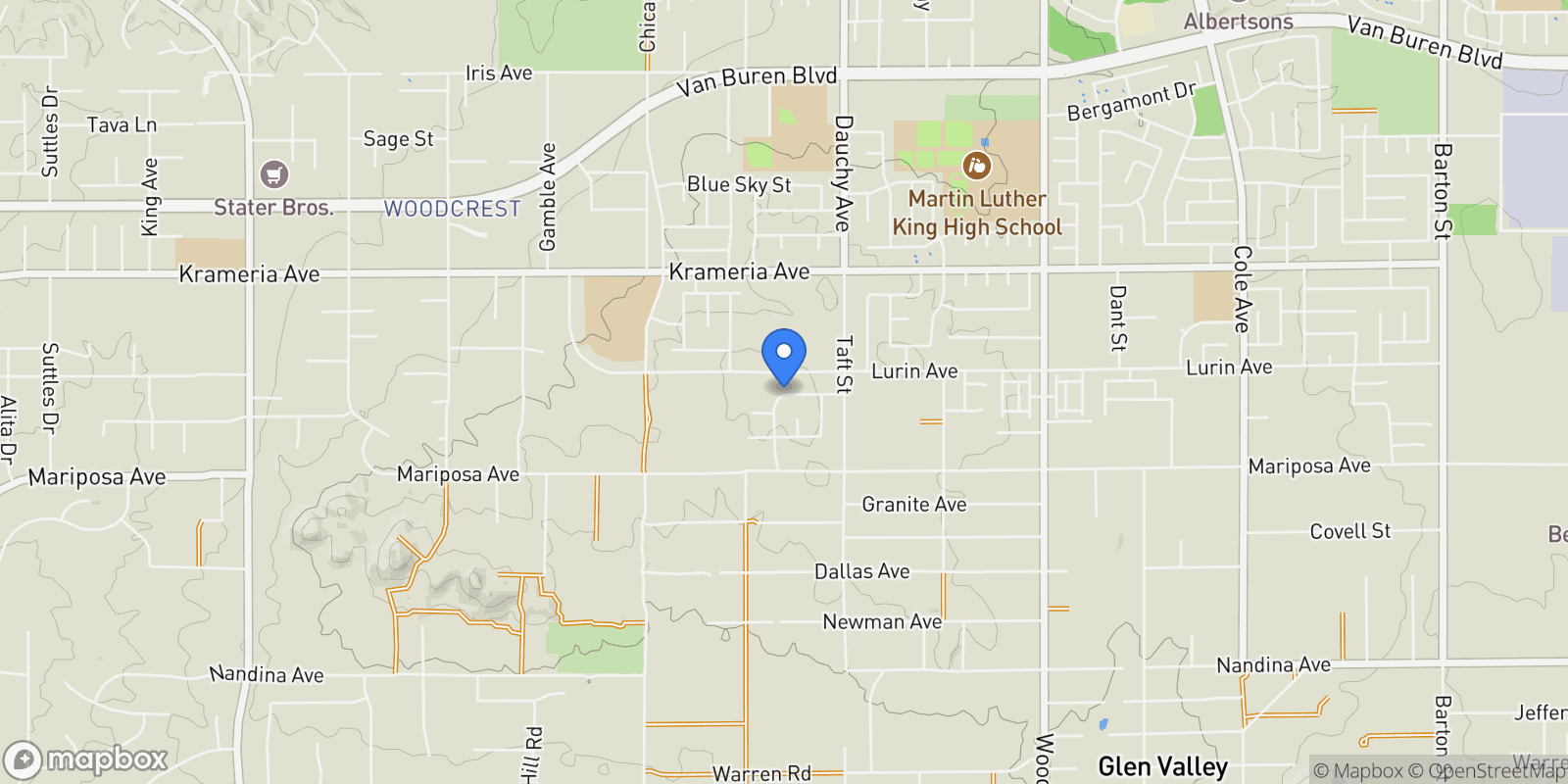 Map showing 18344 Park Mountain Drive, Riverside, California, United States.