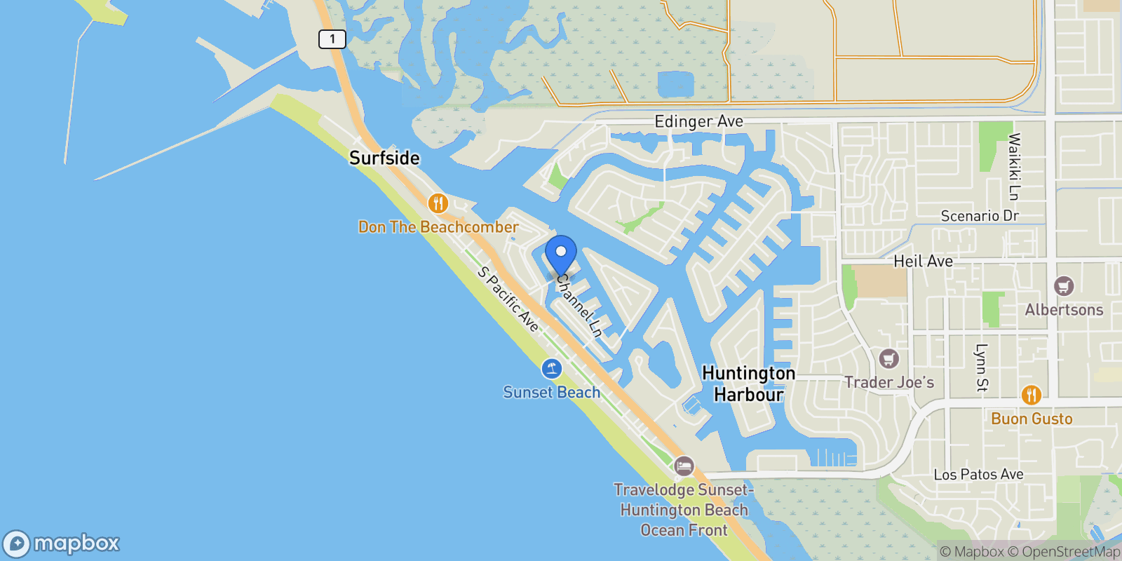 Map showing 16591 Channel, Huntington Beach, California, United States.