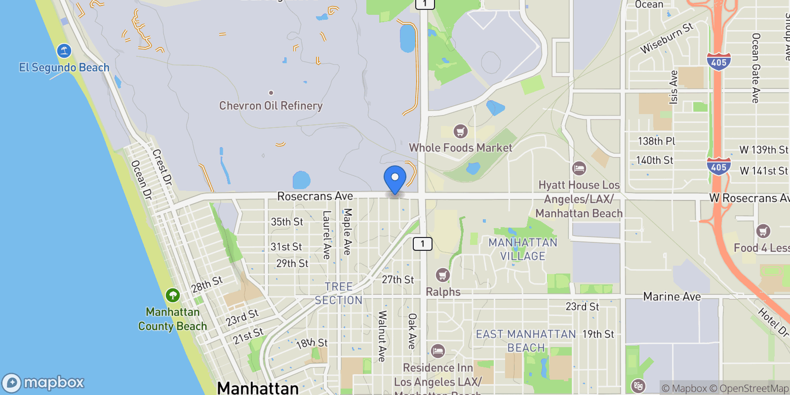 Map showing 966 Rosecrans Avenue, Manhattan Beach, California, United States.
