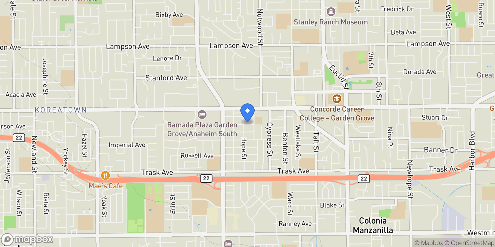 Map showing 10181 Larson Avenue, Garden Grove, California, United States.