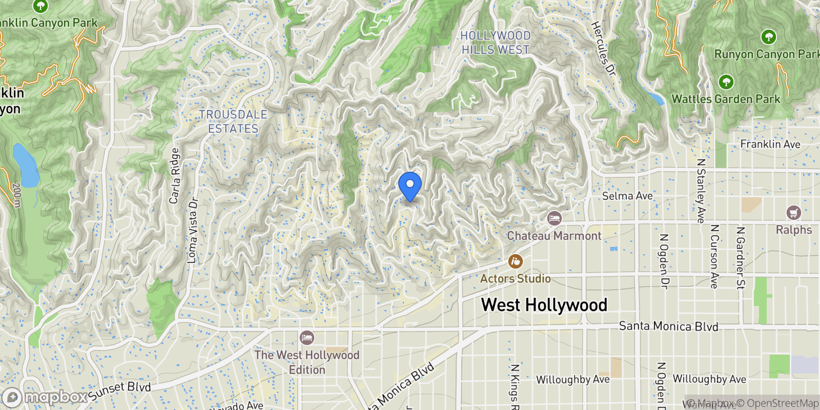 Map showing 1573 Sunset Plaza Drive, Los Angeles, California, United States.