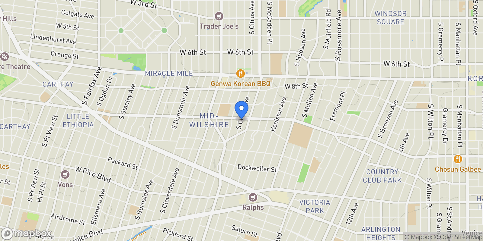 Map showing 1000 S Citrus Avenue, Los Angeles, California, United States.