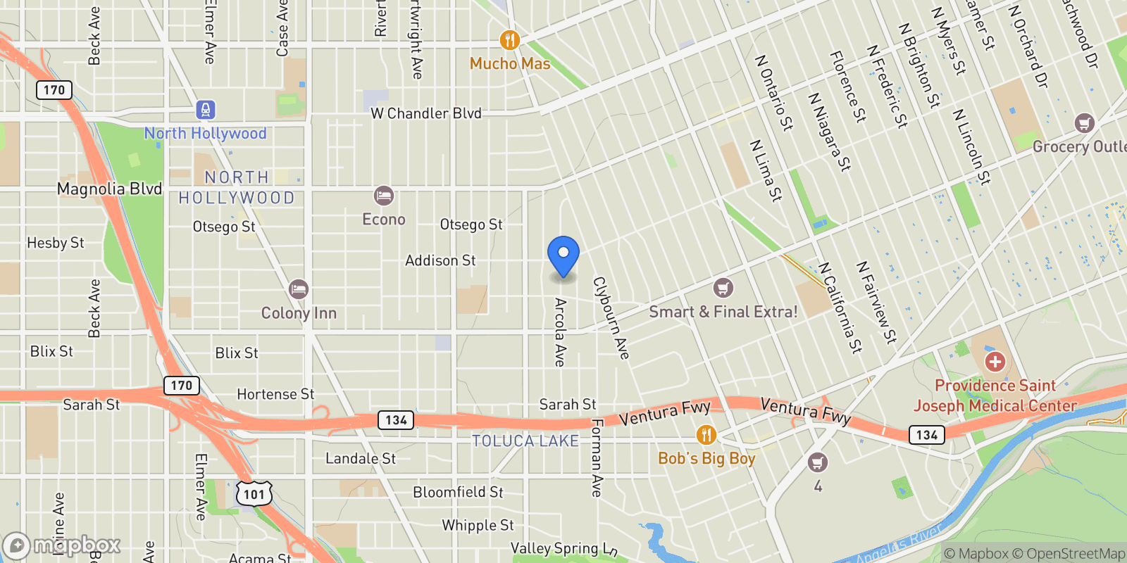 Map showing 4940 Arcola Avenue, Los Angeles, California, United States.