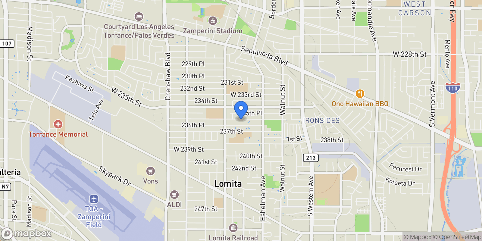 Map showing 2108 W 236th Street, Torrance, California, United States.