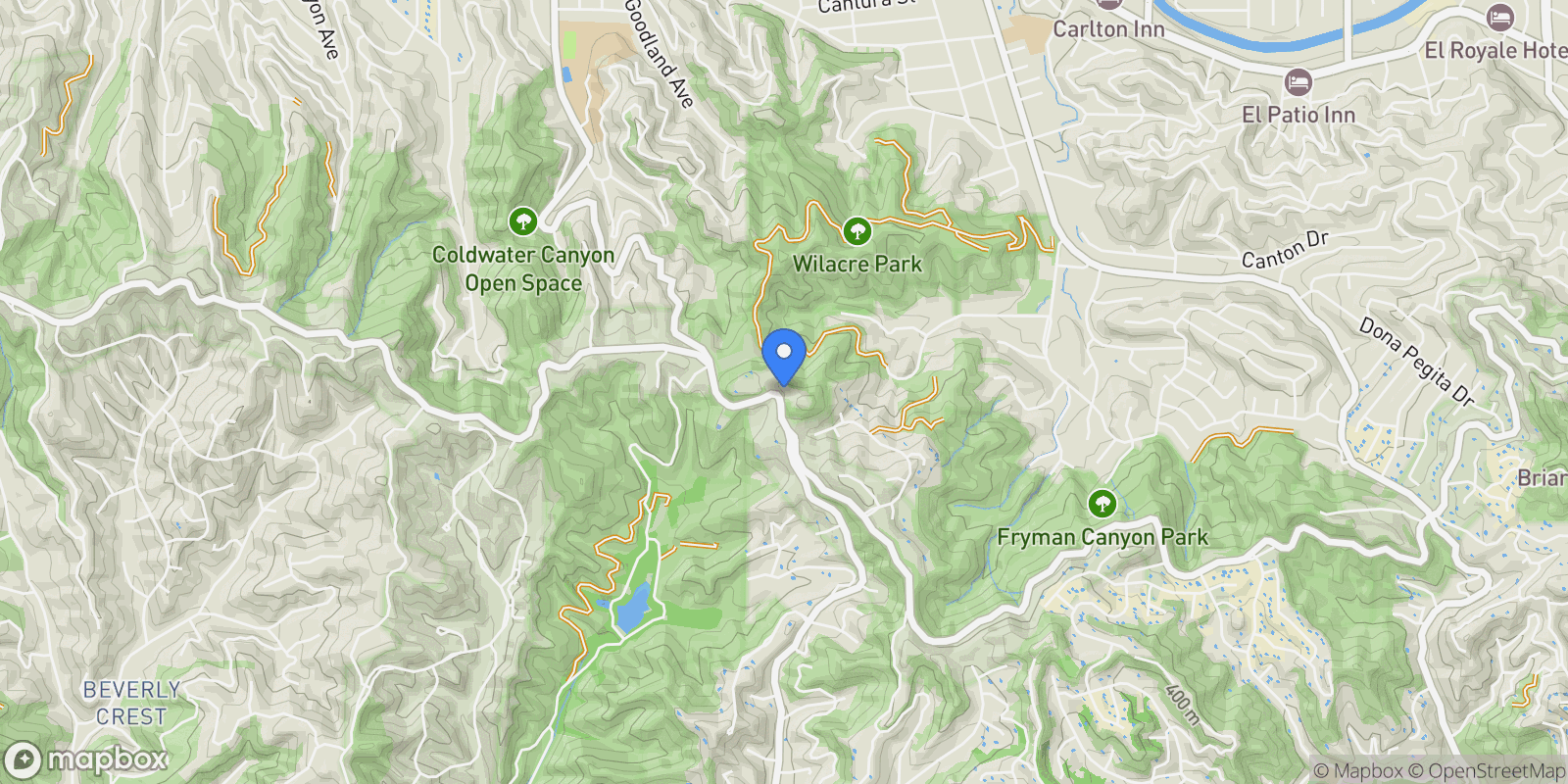 Map showing 12417 Mulholland Drive, Los Angeles, California, United States.