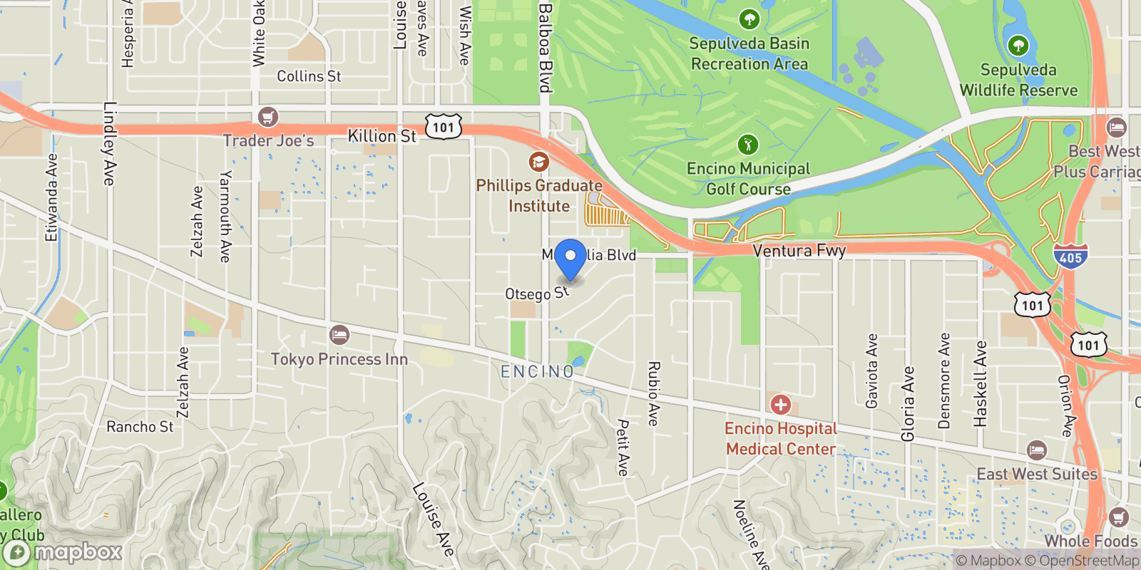 Map showing 16805 Otsego Street, Los Angeles, California, United States.
