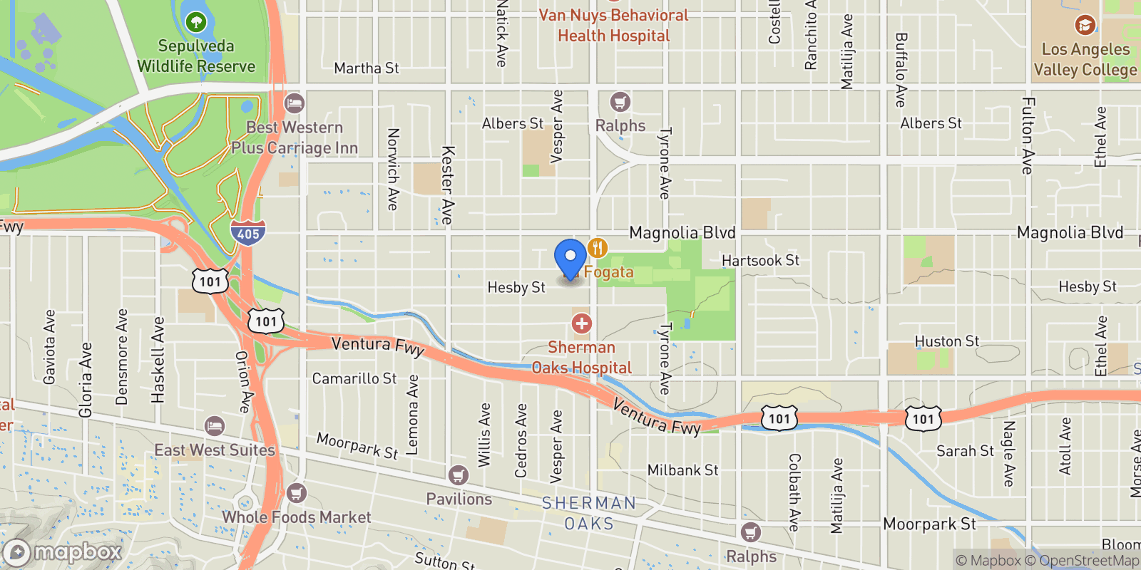 Map showing 14537 Hesby Street, Los Angeles, California, United States.