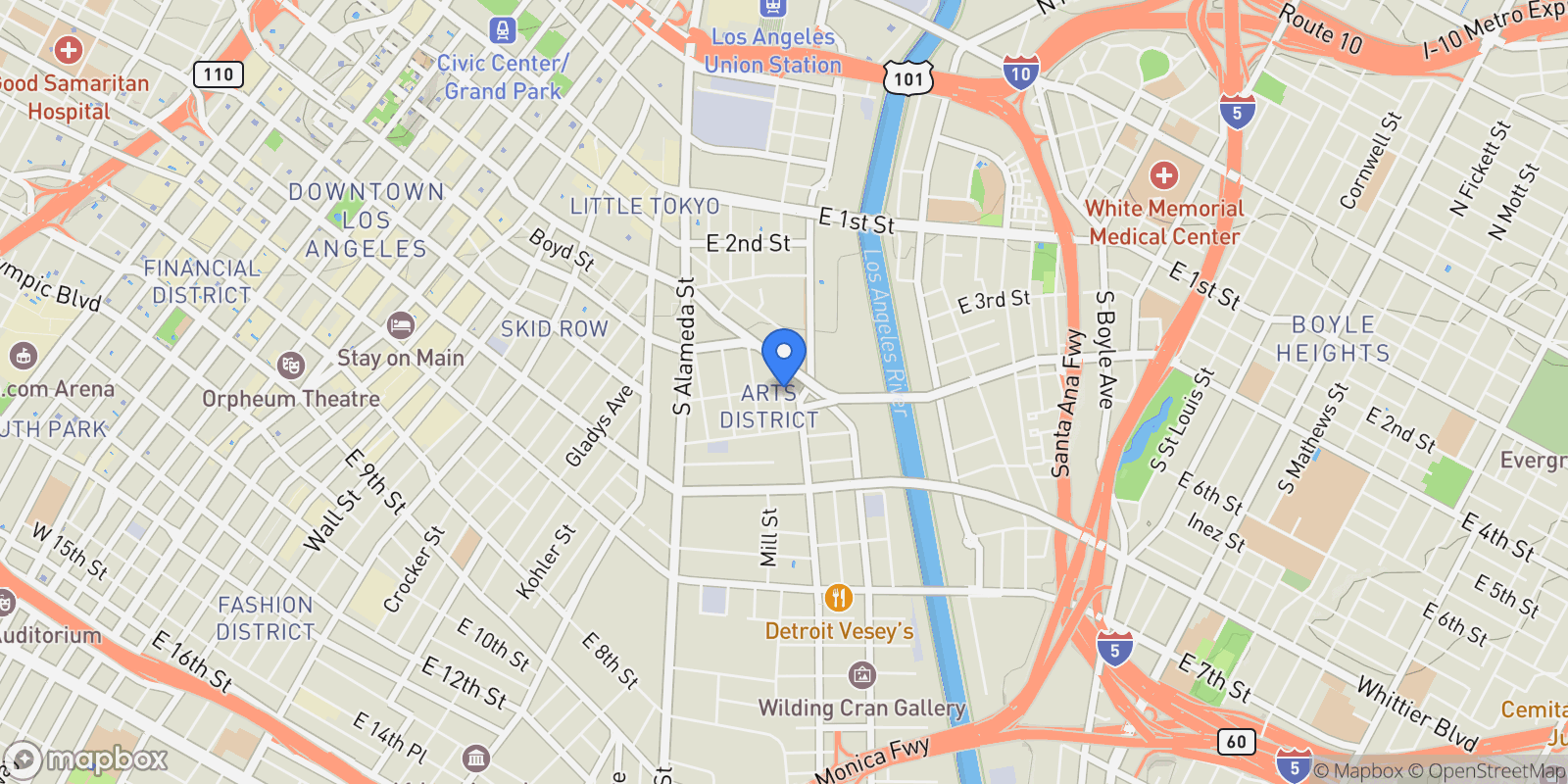 Map showing 500 Molino Street 101, Los Angeles, California, United States.