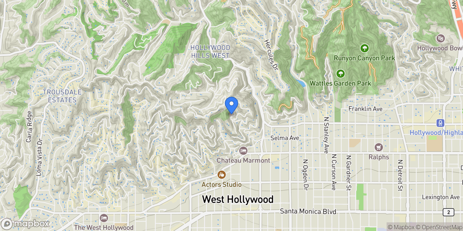 Map showing 1635 Woods Drive, Los Angeles, California, United States.