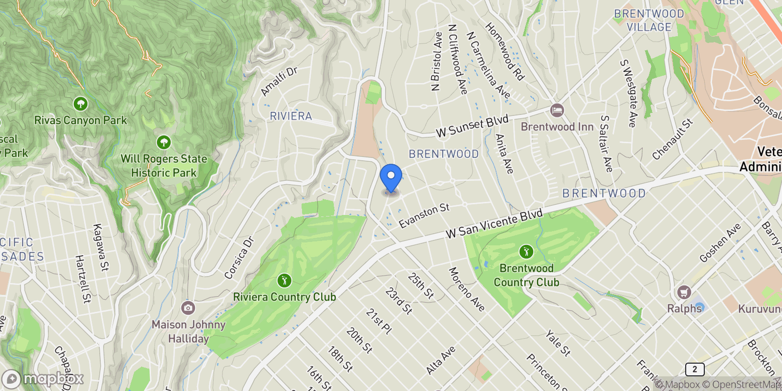 Map showing 250 S Rockingham Avenue, Los Angeles, California, United States.