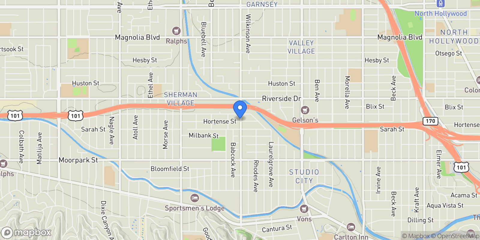 Map showing 12510 Hortense Street, Los Angeles, California, United States.