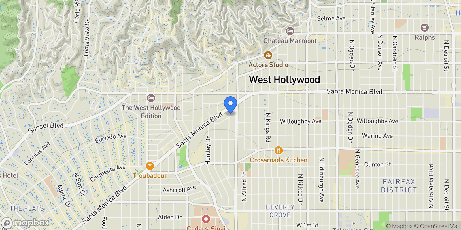 Map showing 922 N West Knoll Drive, Los Angeles, California, United States.