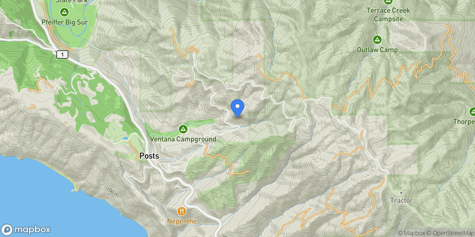 Map showing 47730 Coast Ridge Road, Big Sur, California, United States.