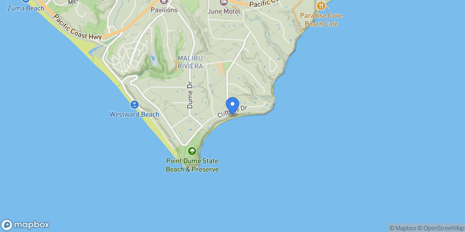 Map showing 29000 Cliffside Drive, Malibu, California, United States.