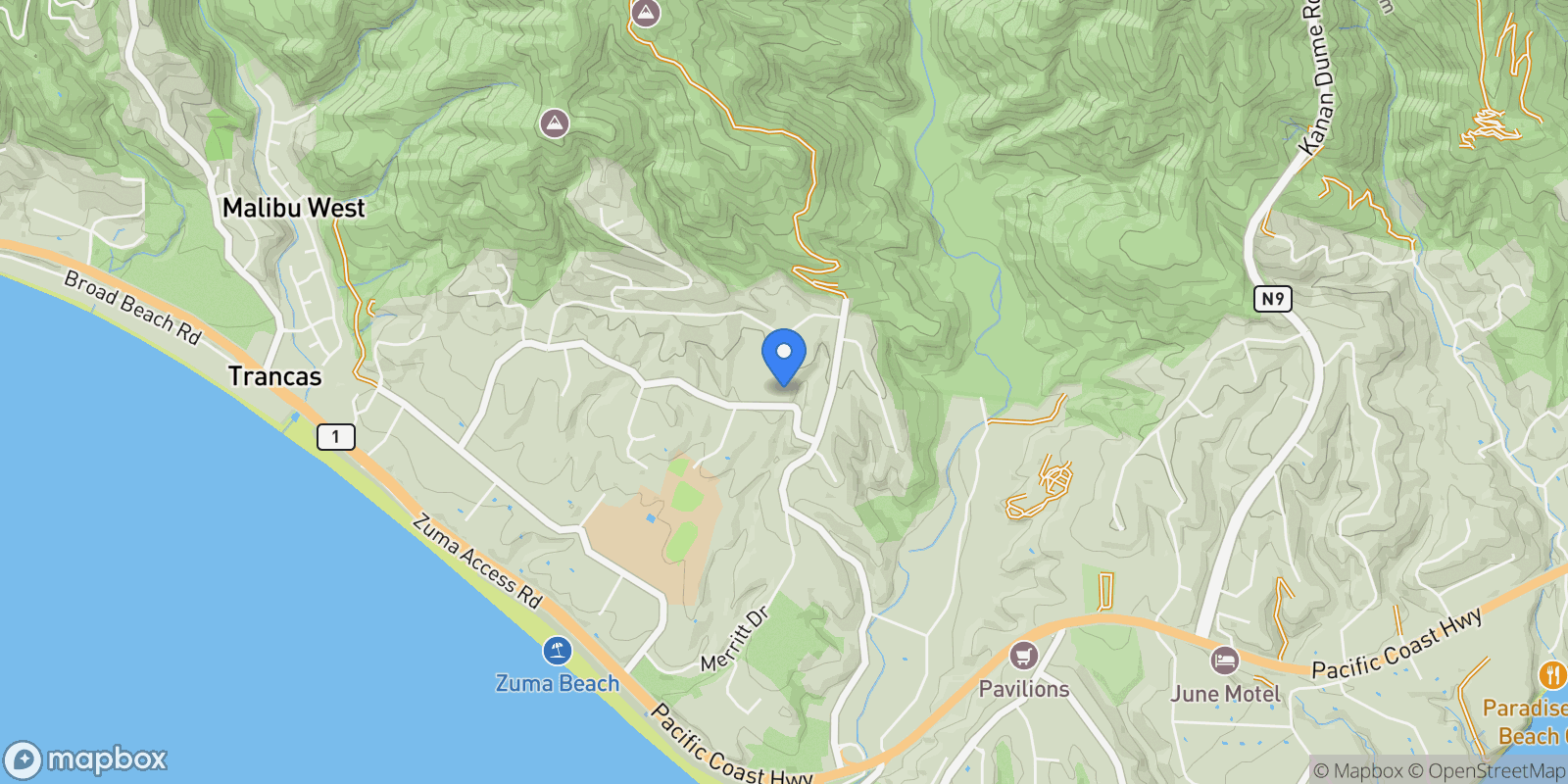 Map showing 29675 Harvester Road, Malibu, California, United States.