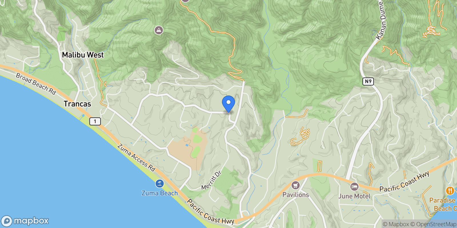 Map showing 29660 Harvester Road, Malibu, California, United States.