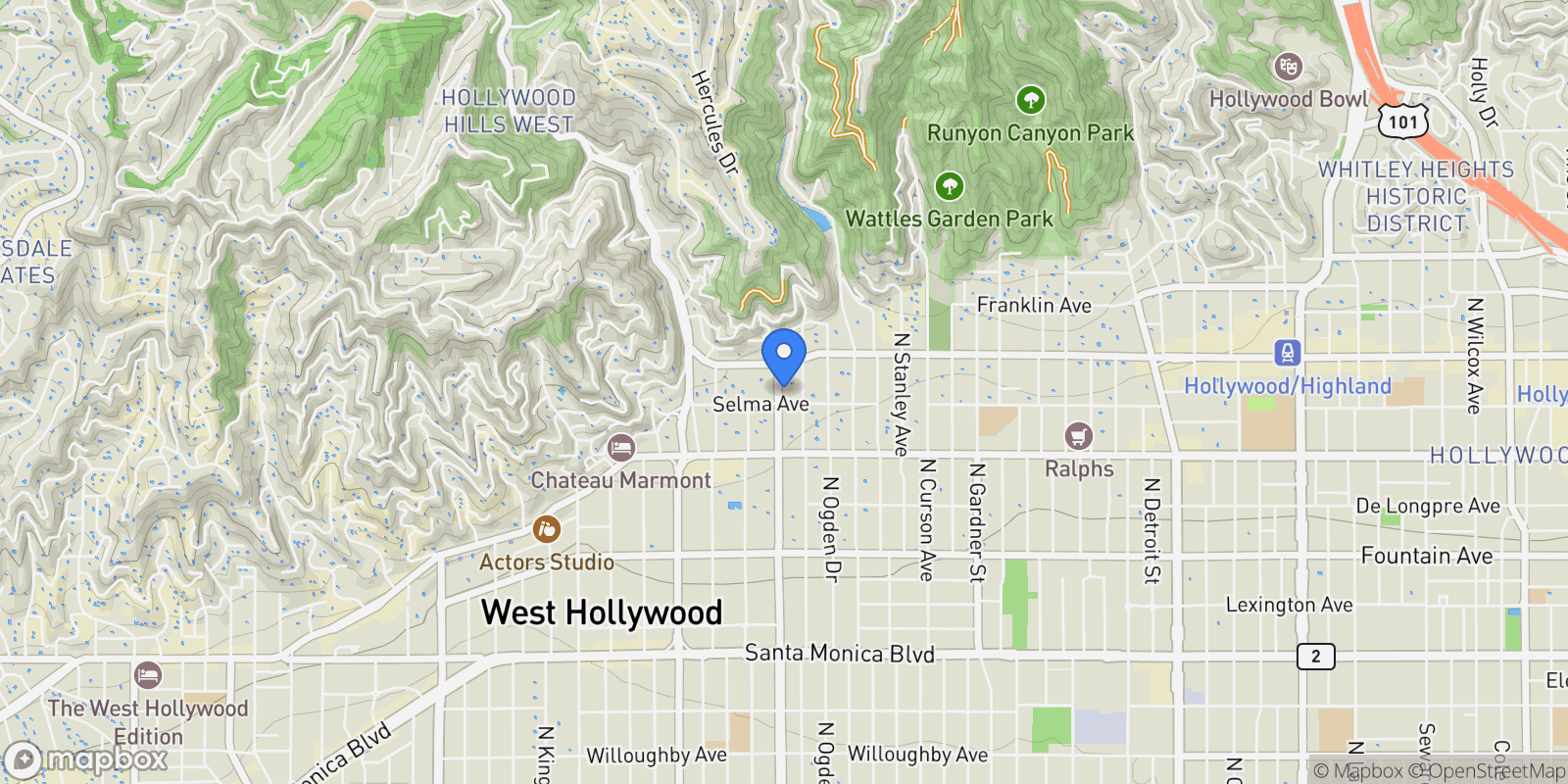 Map showing 1614 N Fairfax Avenue, Los Angeles, California, United States.