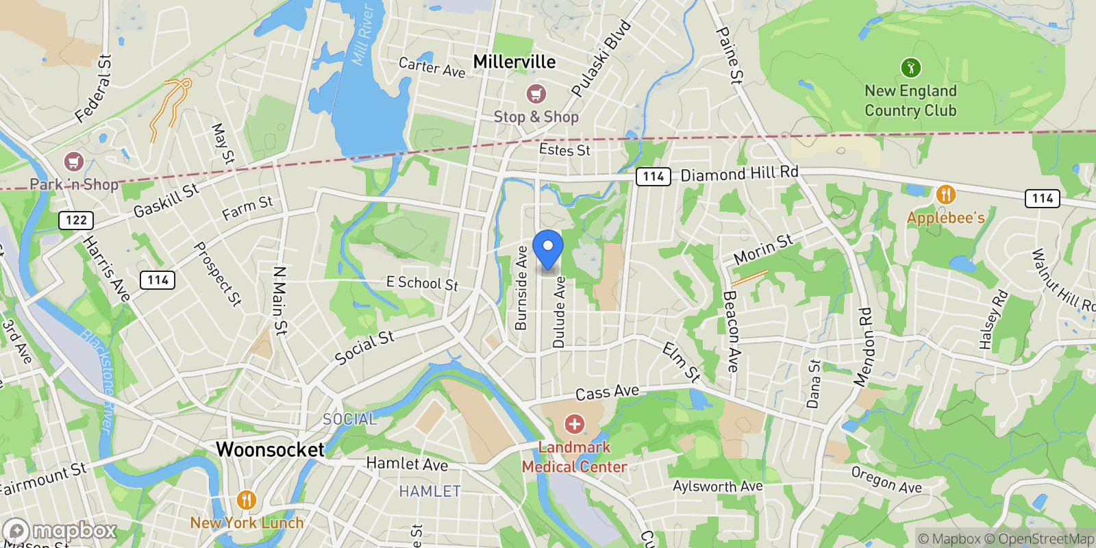 Map showing 24 Birch, Woonsocket, RI 02895, Woonsocket, Rhode Island, United States.
