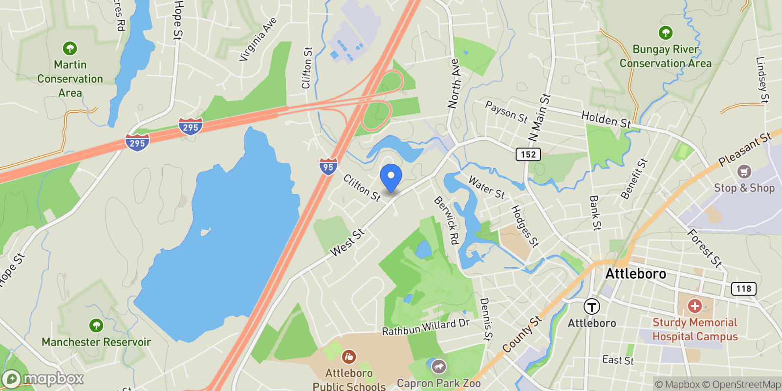 Map showing 123 West St, Attleboro, MA 02703, Attleboro, Massachusetts, United States.