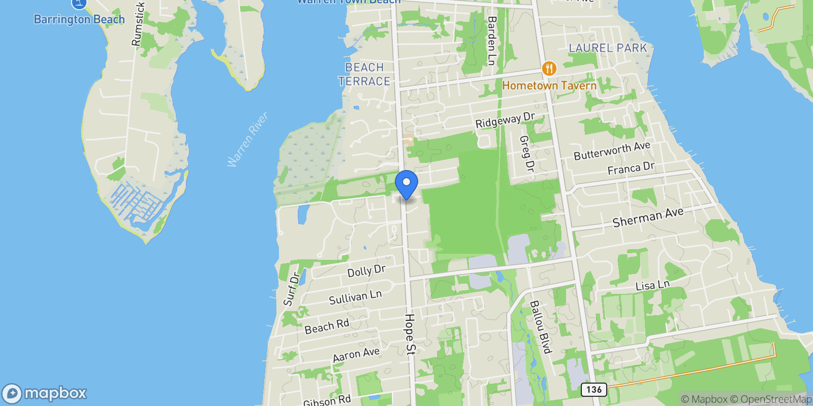 Map showing 1382 Hope Street, Bristol, RI 02809, Bristol, Rhode Island, United States.