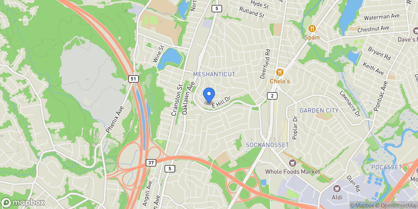 Map showing 145 East Hill Drive, Cranston, RI 02920, Cranston, Rhode Island, United States.