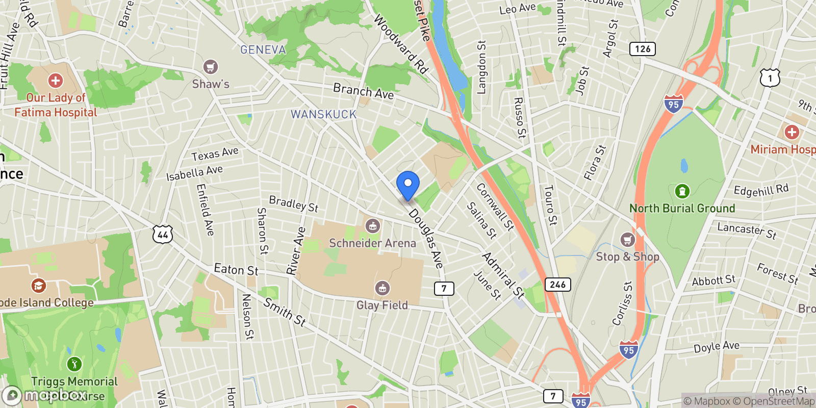 Map showing 645 Douglas, Providence, RI 02908, Providence, Rhode Island, United States.
