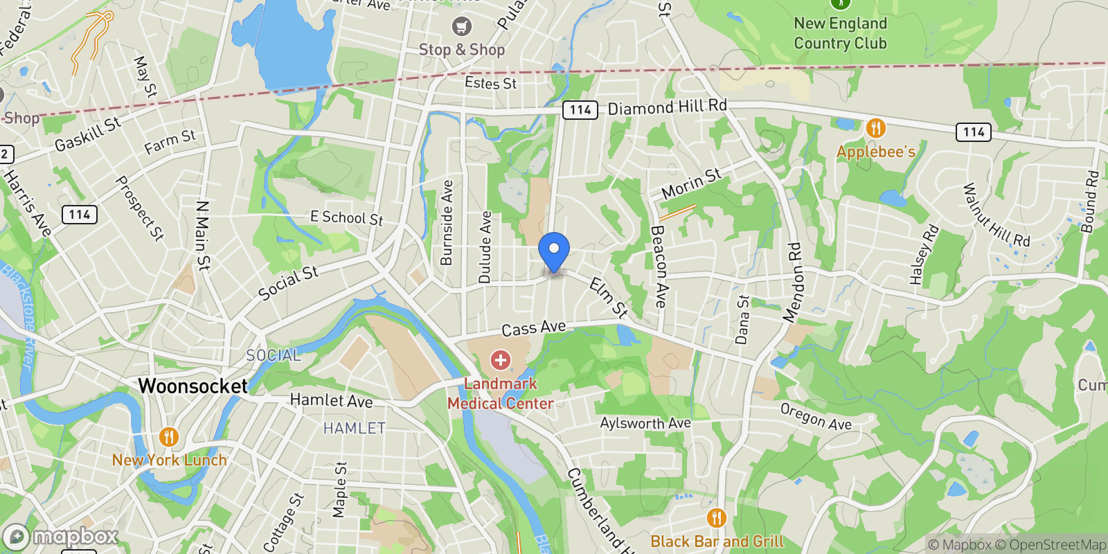 Map showing 635 Elm, Woonsocket, RI 02895, Woonsocket, Rhode Island, United States.
