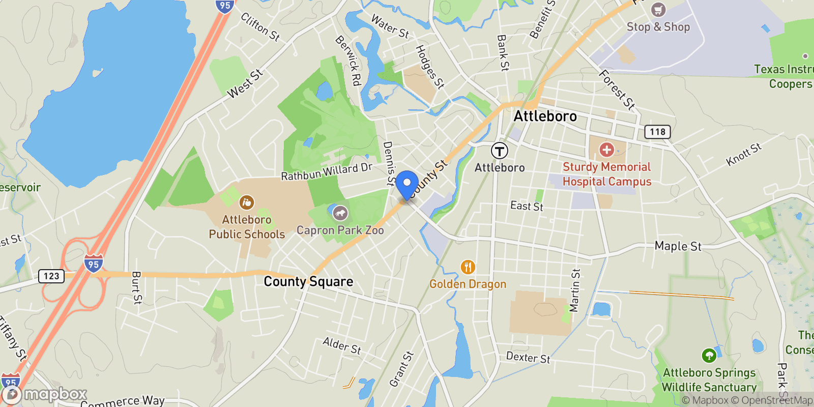 Map showing 172 County St, Attleboro, MA 02703, Attleboro, Massachusetts, United States.