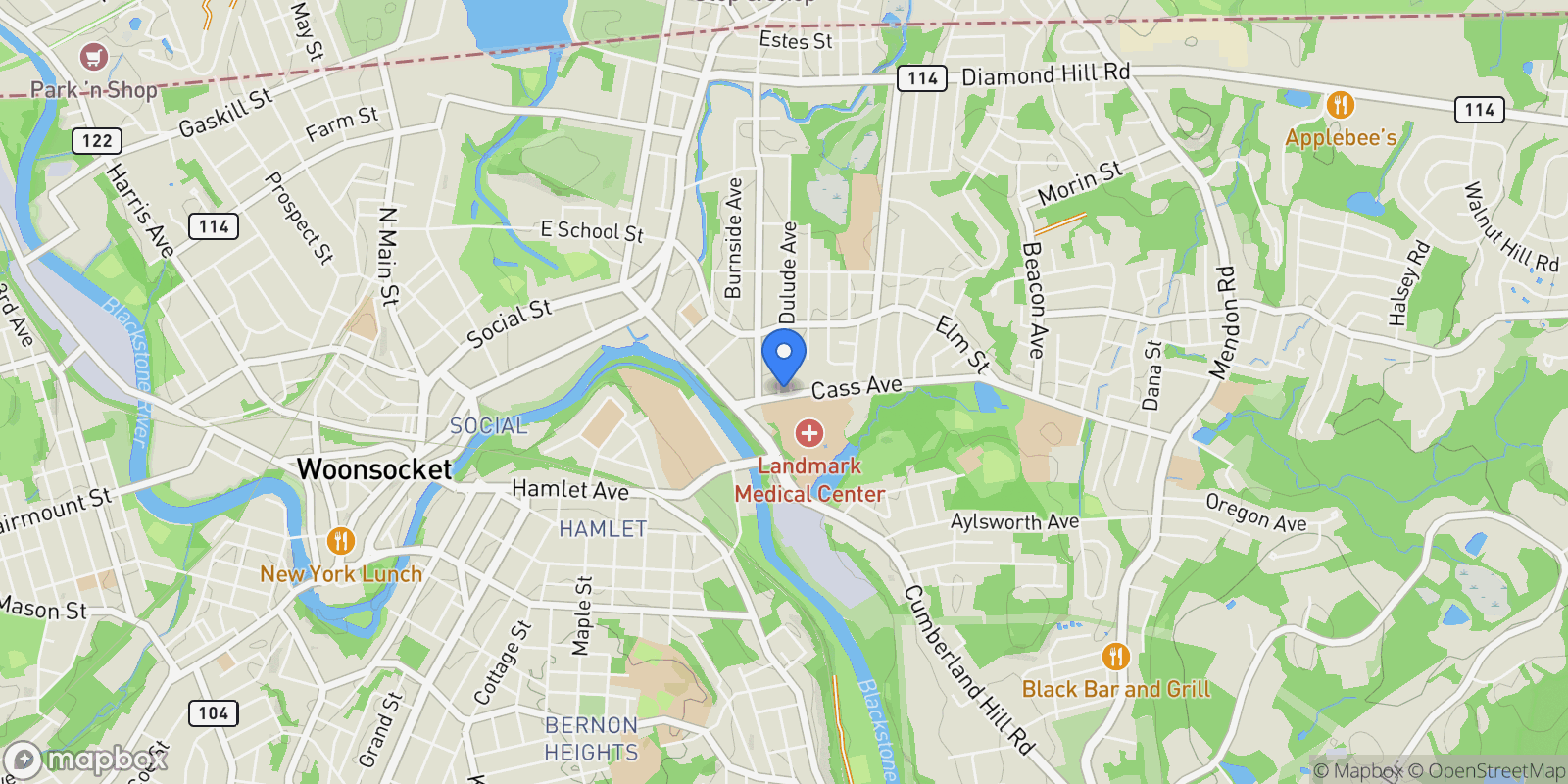 Map showing 120 Cass, Woonsocket, RI 02895, Woonsocket, Rhode Island, United States.