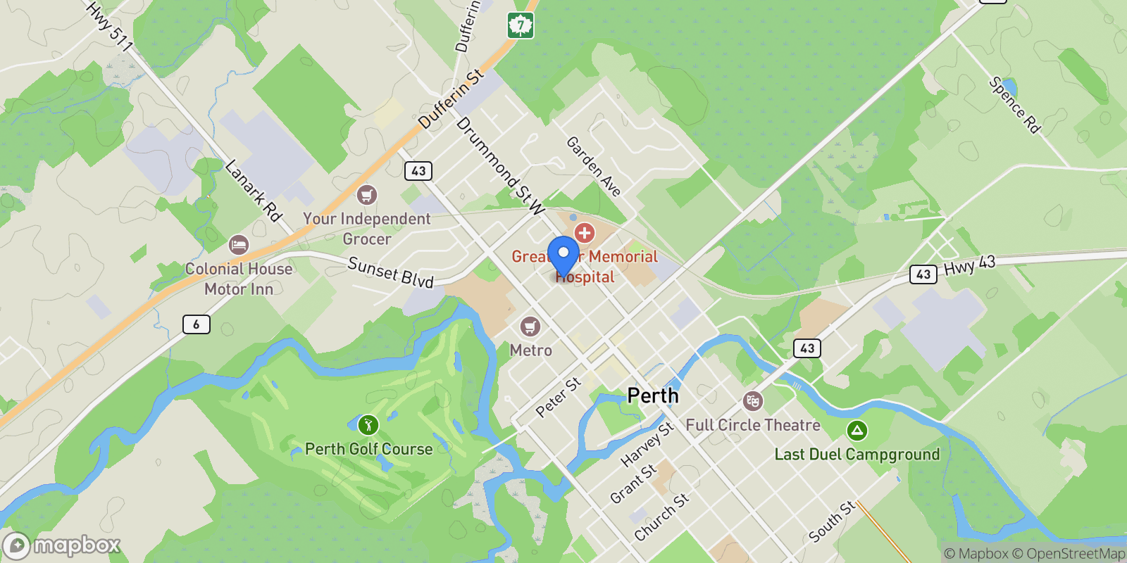 Map showing 45 Gore St W, Perth, ON K7H 2L9, Canada, Perth, Ontario, Canada.