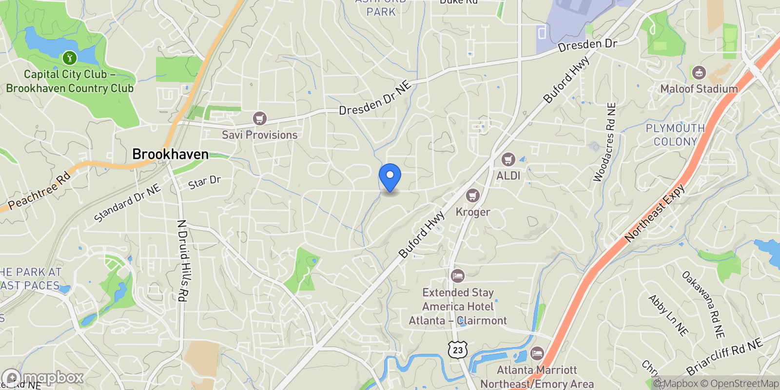 Map showing 2585 Drew Valley Road NE, Brookhaven, GA 30319, Brookhaven, Georgia, United States.