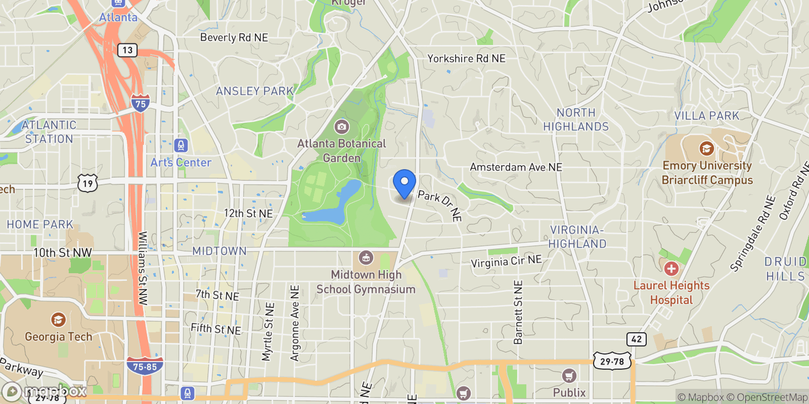 Map showing 580 Elmwood Drive NE, Atlanta, GA 30306, Atlanta, Georgia, United States.