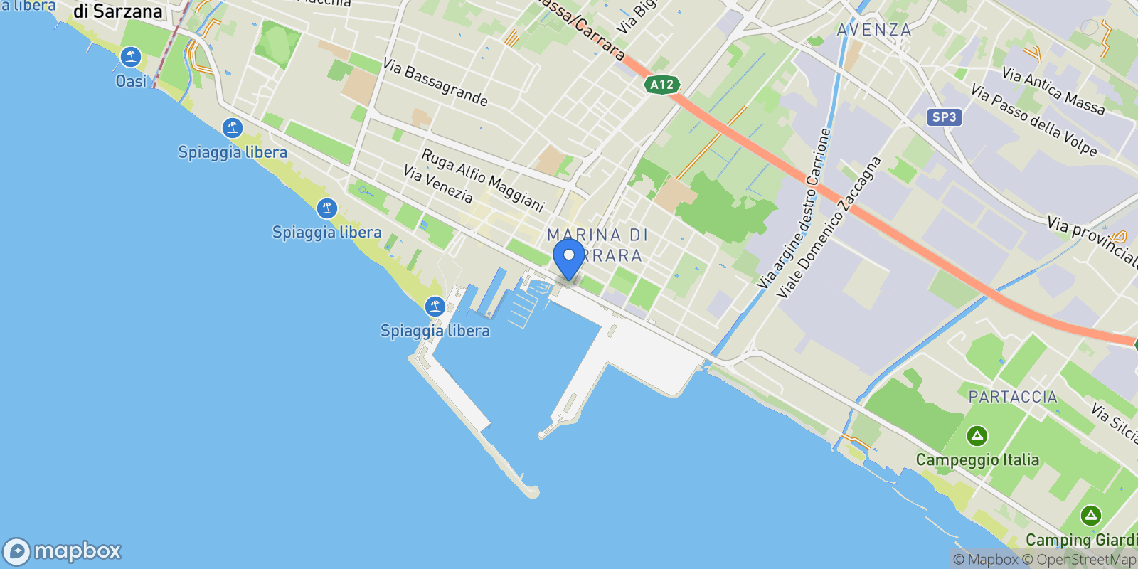 Map showing 54033 Marina di Carrara, Province of Massa and Carrara, Italy, Marina di Carrara, Tuscany, Italy.