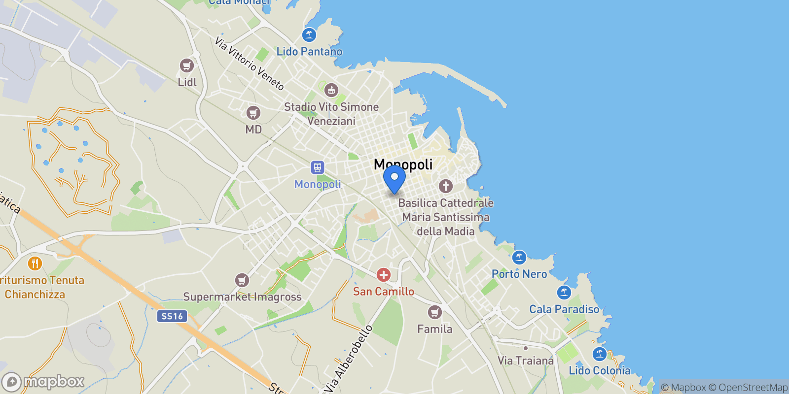 Map showing Via Cavour, 70043 Monopoli BA, Italy, Monopoli, Apulia, Italy.