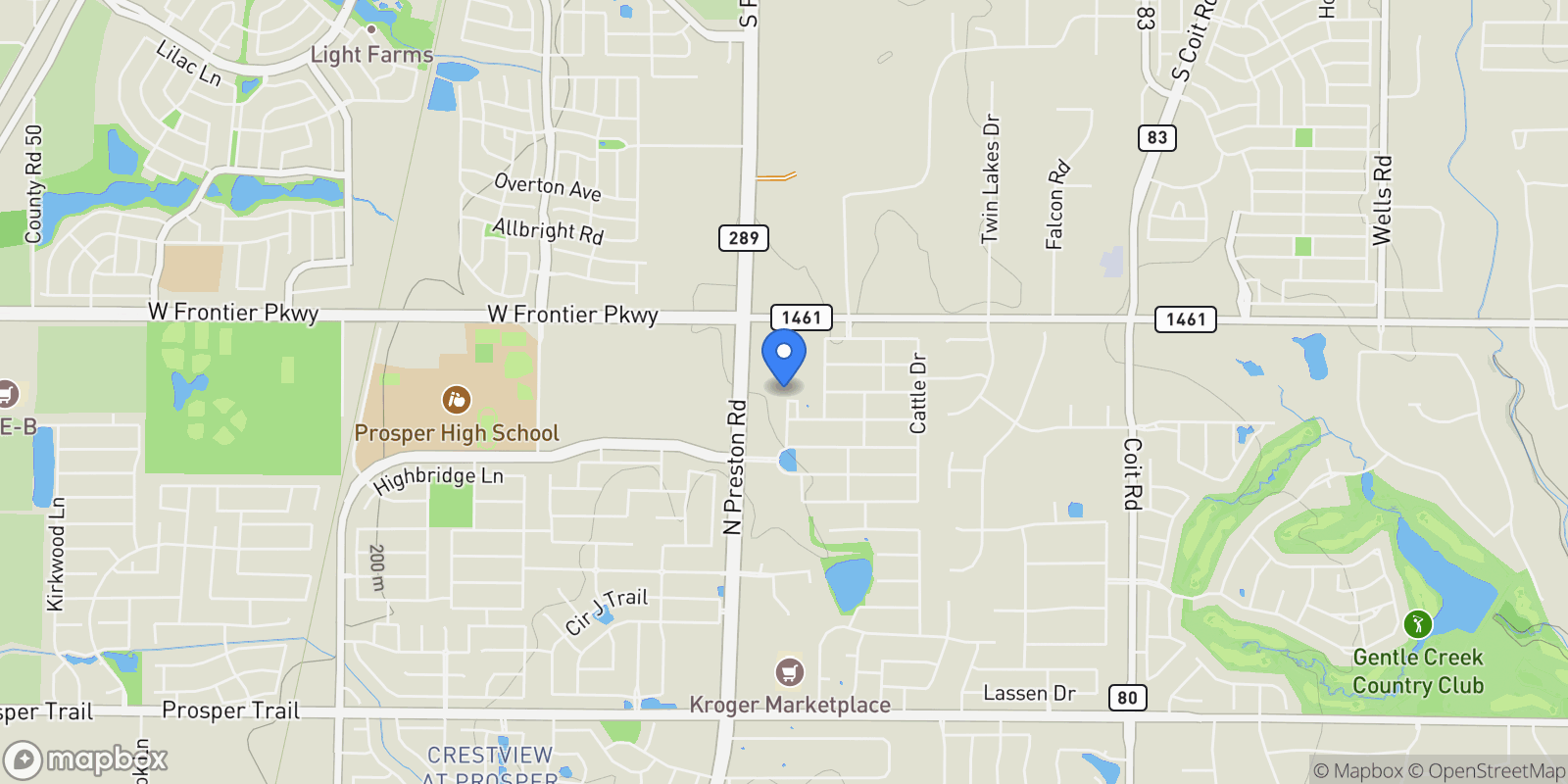 Map showing 1501 Lariat Drive, Prosper, TX 75078, Prosper, Texas, United States.